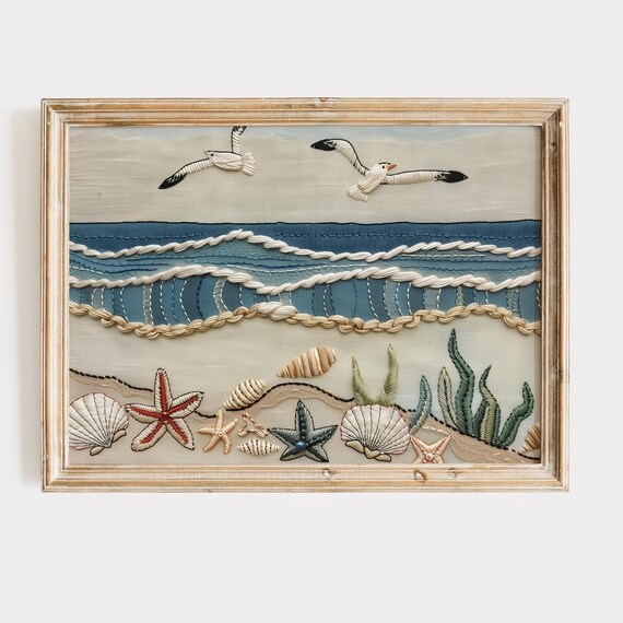 Embroidered Beach Scene Seagulls Starfish Coastal Textile Poster
