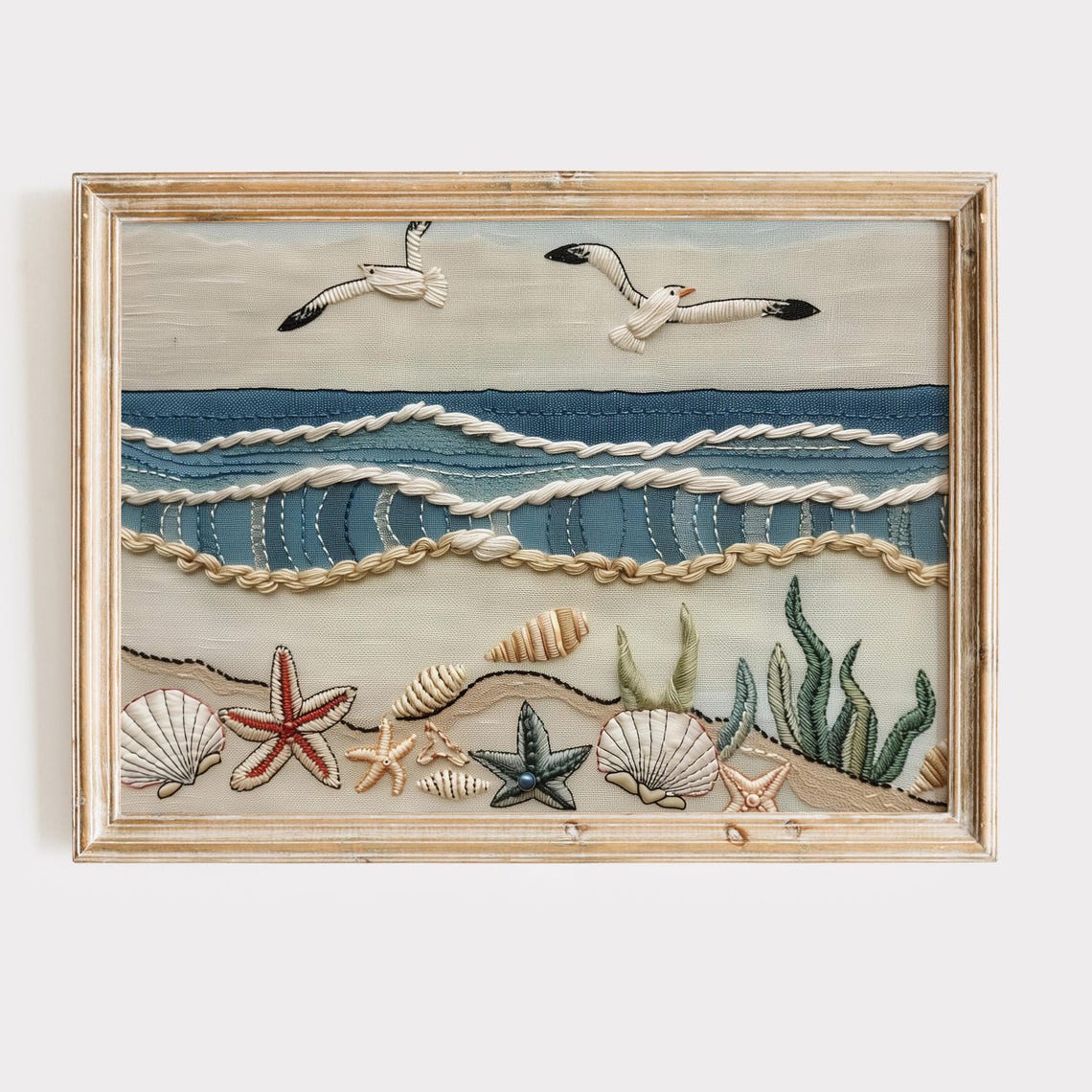 Embroidered Beach Scene Seagulls Starfish Coastal Textile Poster