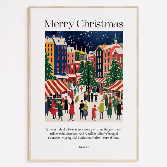 Festive Merry Christmas Village Market Isaiah 9:6 Scripture Poster