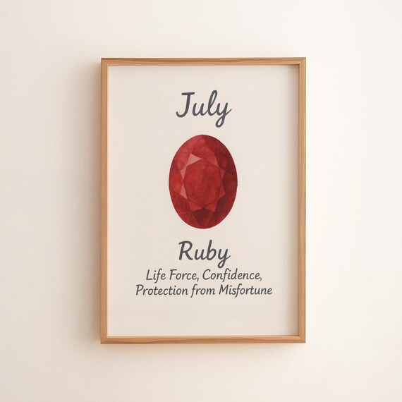 July Ruby Art Birthstone Print Zodiac Gemstone Wall Decor Vintage Style Birth Month Red Crystal Protection 136