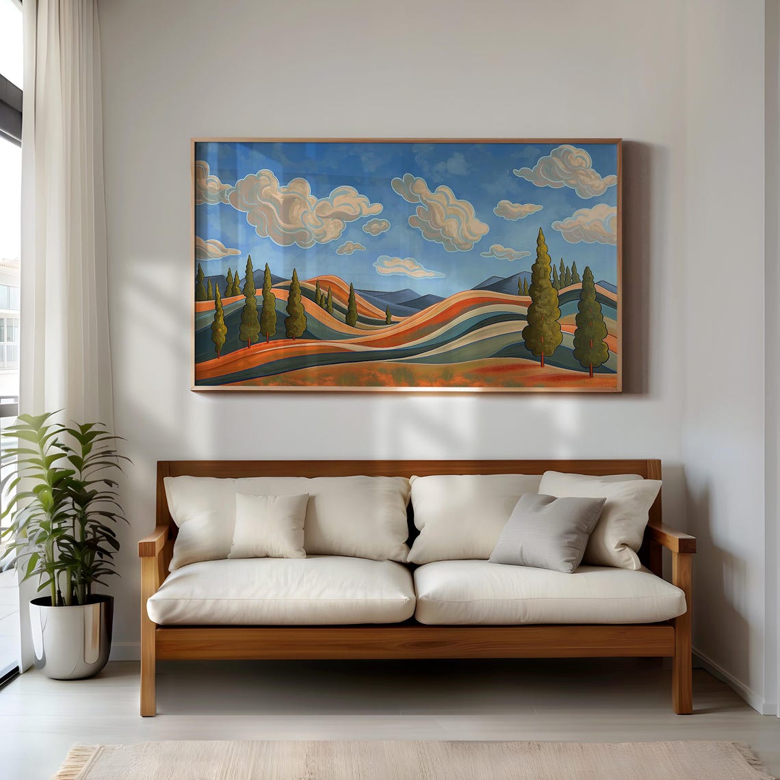 Rolling Hills Cypress Trees Stylized Clouds Colorful Landscape Poster