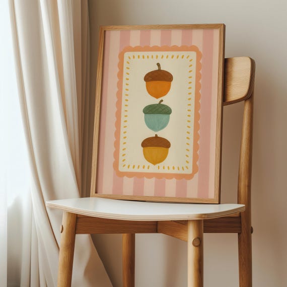 Acorn Stack Fall Print Pink Orange Autumn Wall Art