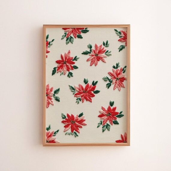 Christmas Poinsettia Print Vintage Botanical Holiday Wall Art