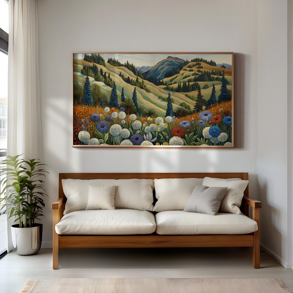Folk Art Wildflower Meadow Mountain Valley Colorful Landscape Poster