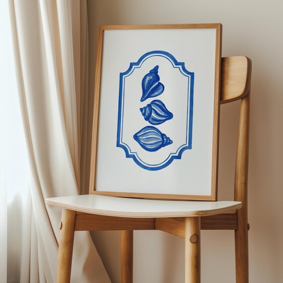 Blue and White Seashells Trio Watercolor Coastal Bathroom Art Poster