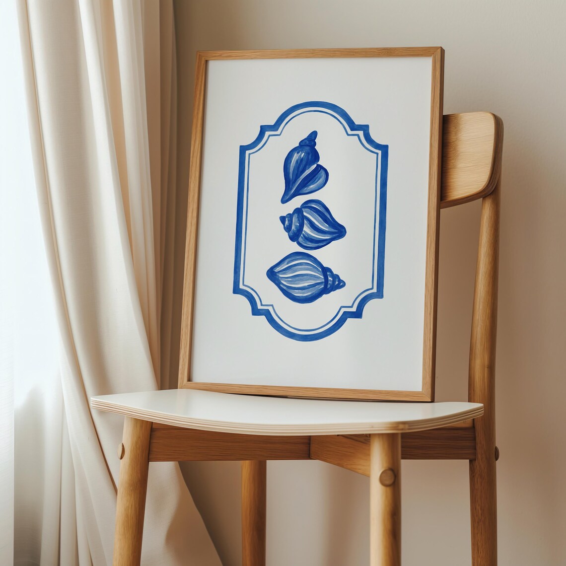 Blue and White Seashells Trio Watercolor Coastal Bathroom Art Poster