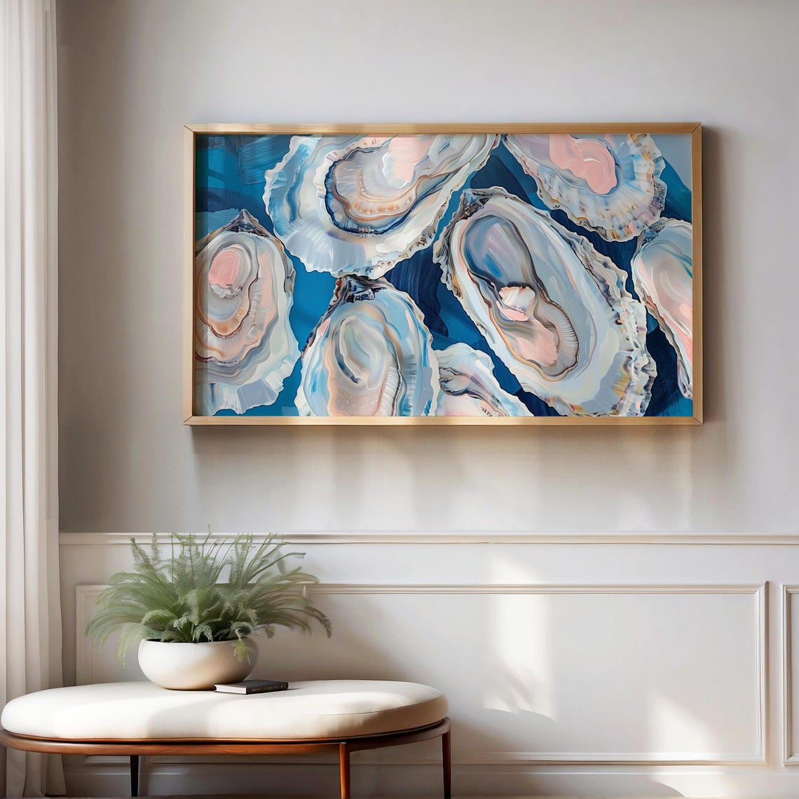 Watercolor Oyster Shells in Blue and Pink Coastal Art Poster