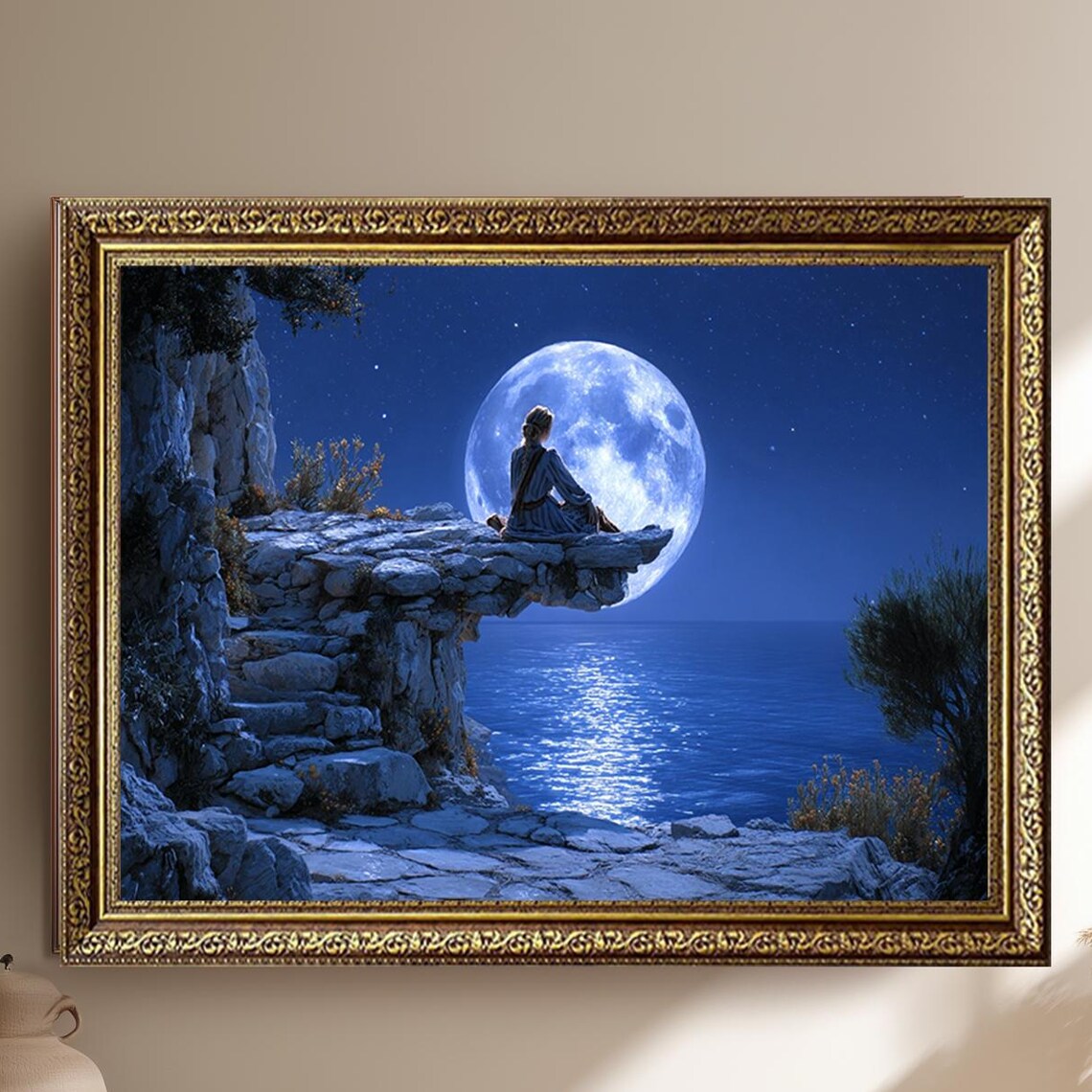 Woman on Moonlit Cliff Full Moon Ocean Romantic Fantasy Poster