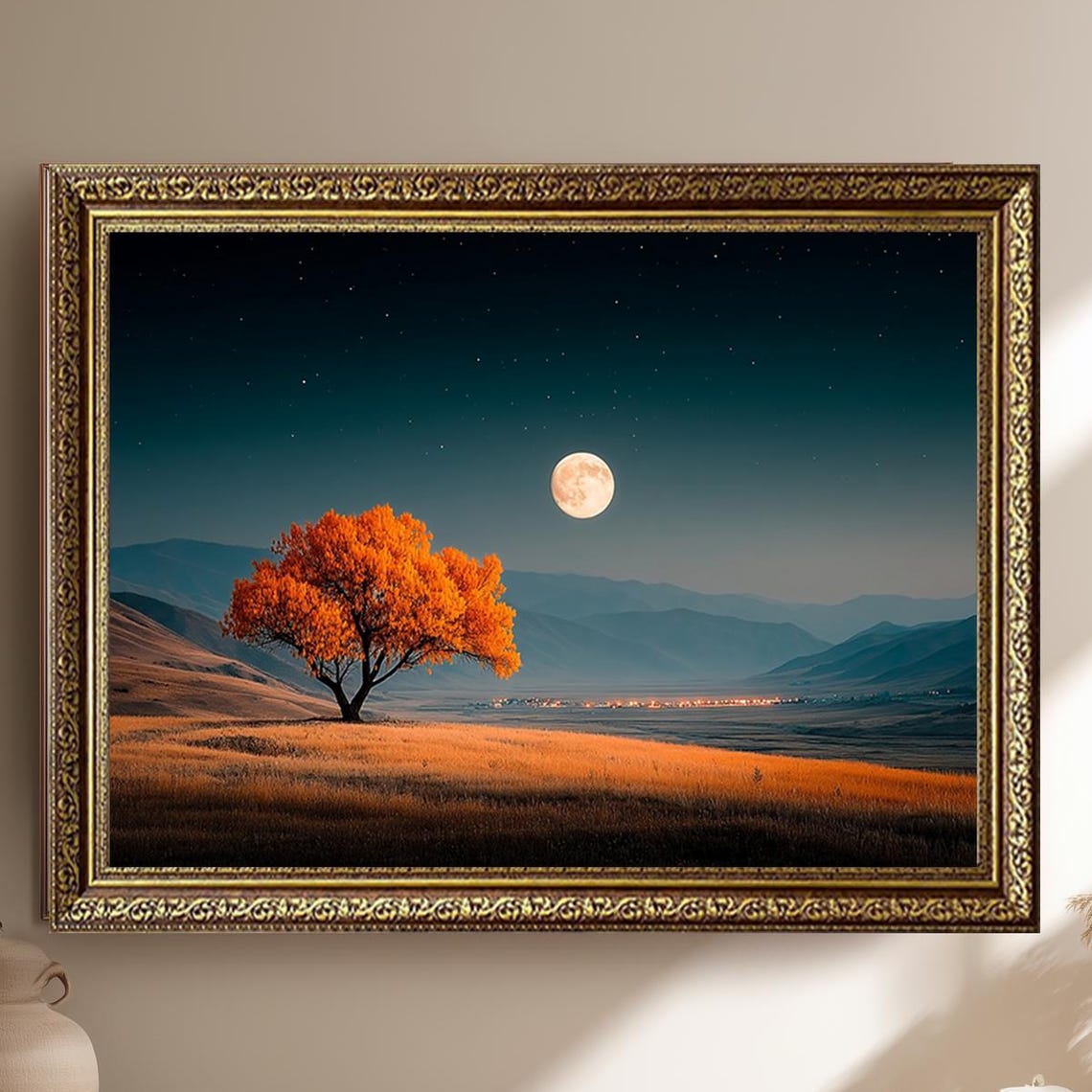 Autumn Tree Under Full Moon in Golden Mountain Valley Night Poster