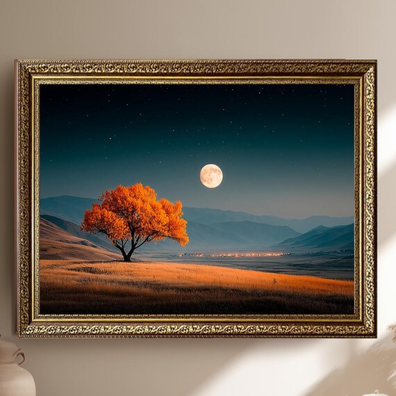 Autumn Tree Under Full Moon in Golden Mountain Valley Night Poster