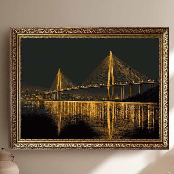 Golden Bridge At Night Illuminated Suspension Architecture Over Water With City Lights And Stunning Reflection Wall Art Print