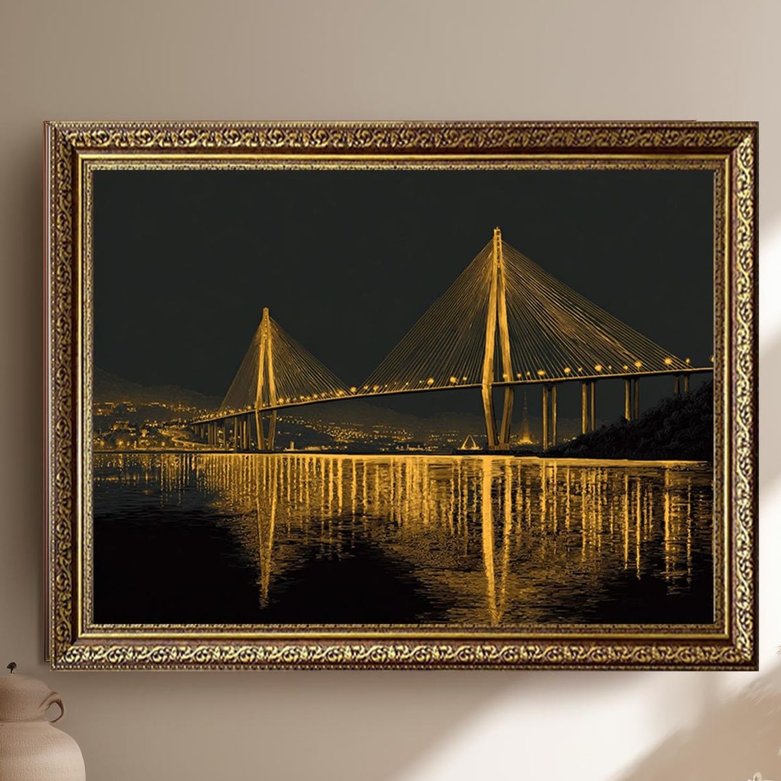 Golden Illuminated Suspension Bridge at Night Reflection Poster