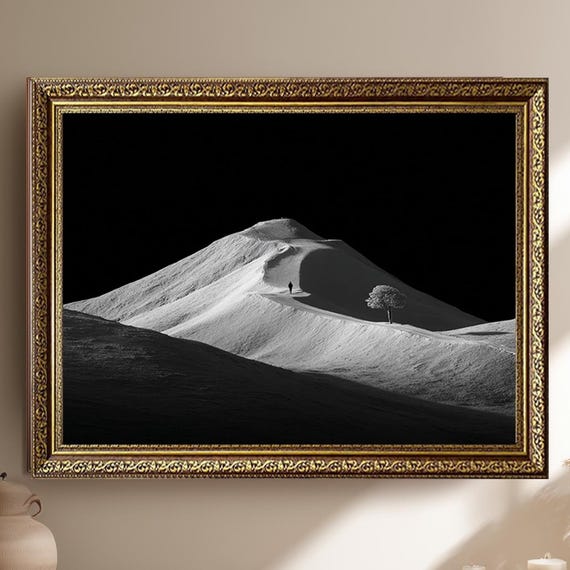 Minimalist Black And White Mountain Landscape Lone Figure Tree On Snowy Ridge Fine Art Photography Print