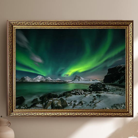 Aurora Borealis Over Arctic Coast Northern Lights Photography With Snowy Mountains And Frozen Shoreline Landscape Wall Art