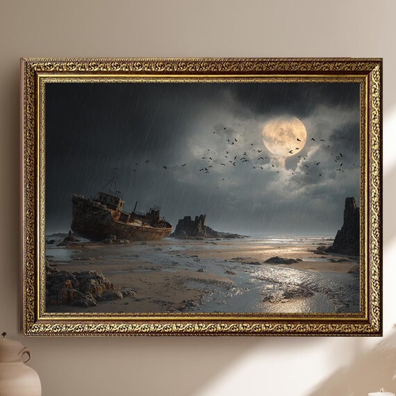Abandoned Shipwreck Under Full Moon on Stormy Night Shore Poster