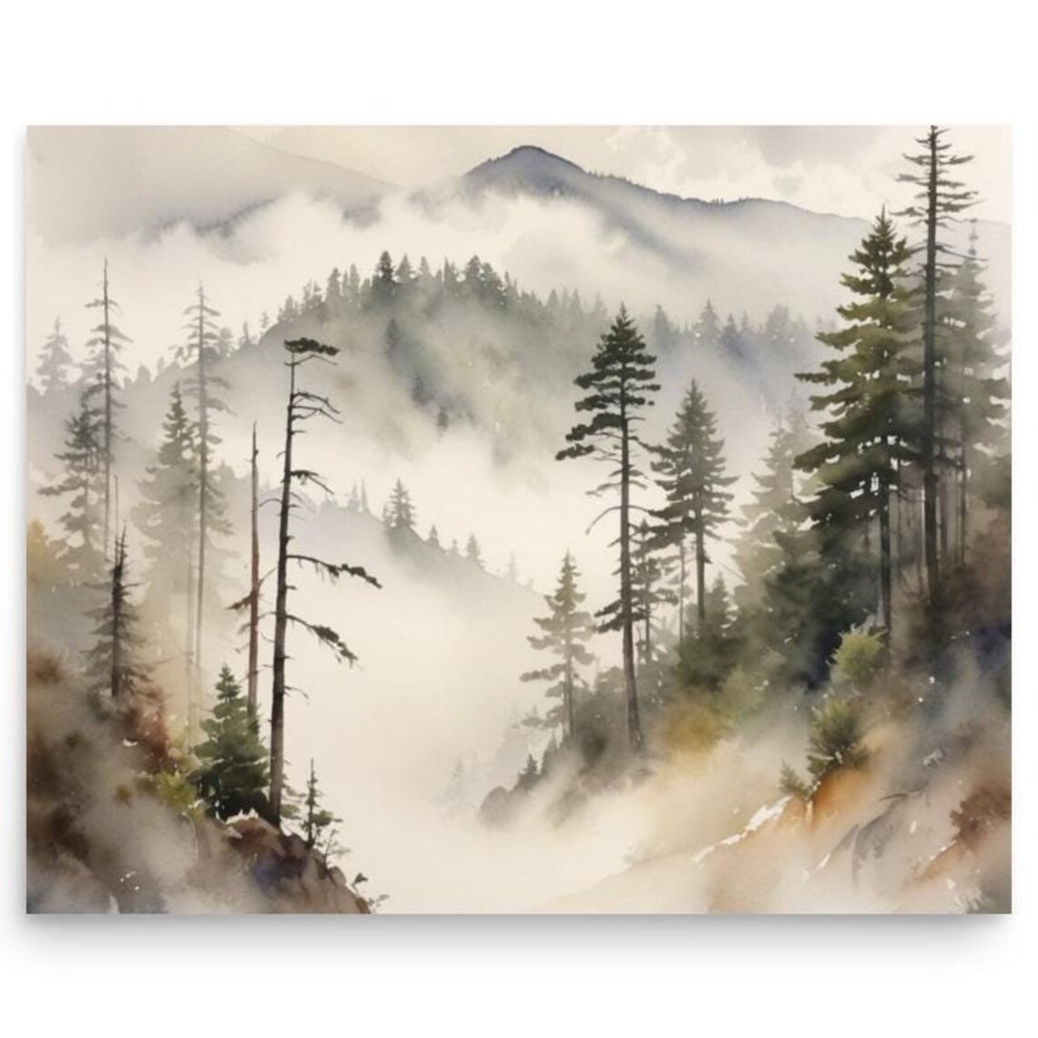 Foggy Evergreen Forest Watercolor Panoramic Mountain Landscape Poster