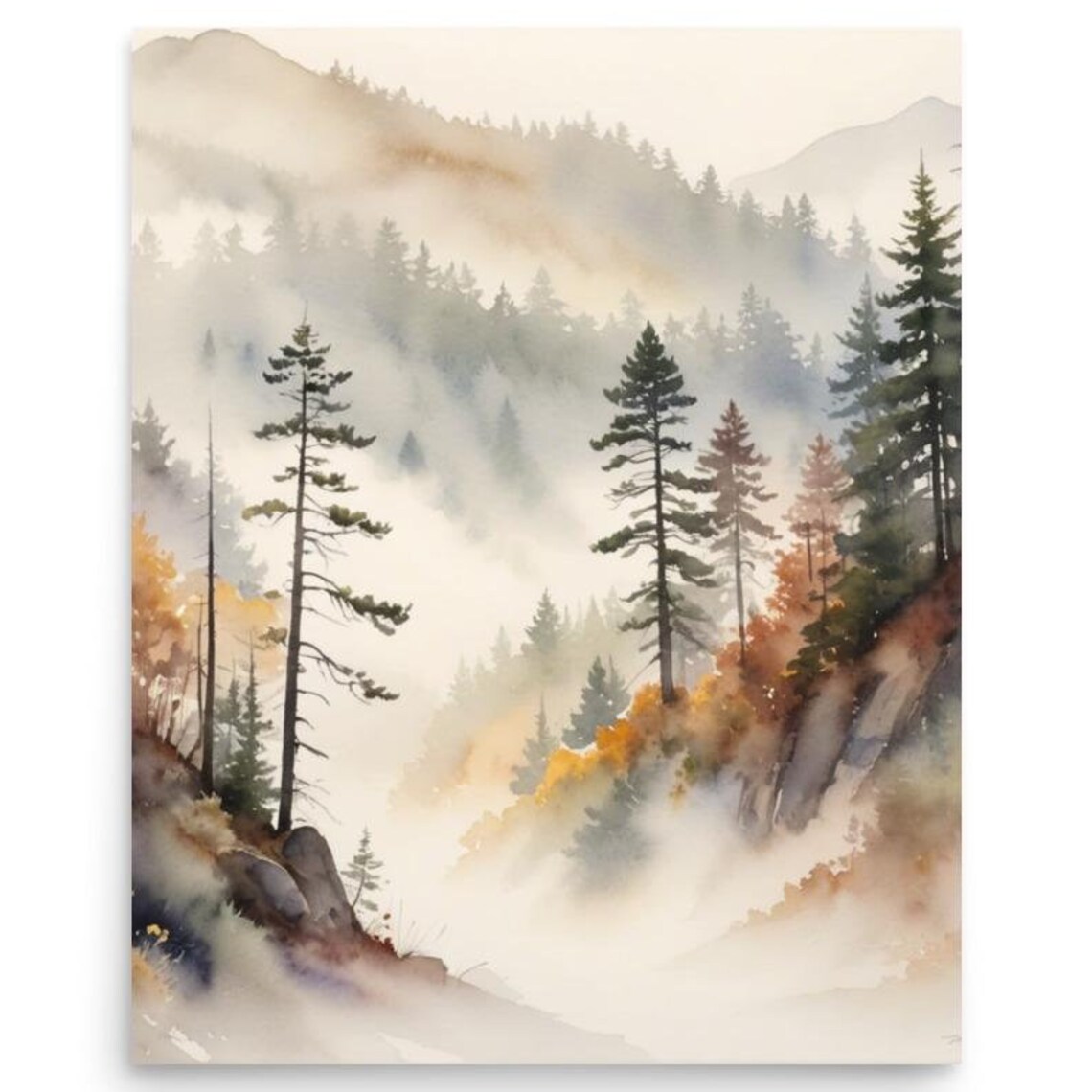Serene Misty Pine Forest Mountain Watercolor Landscape Poster