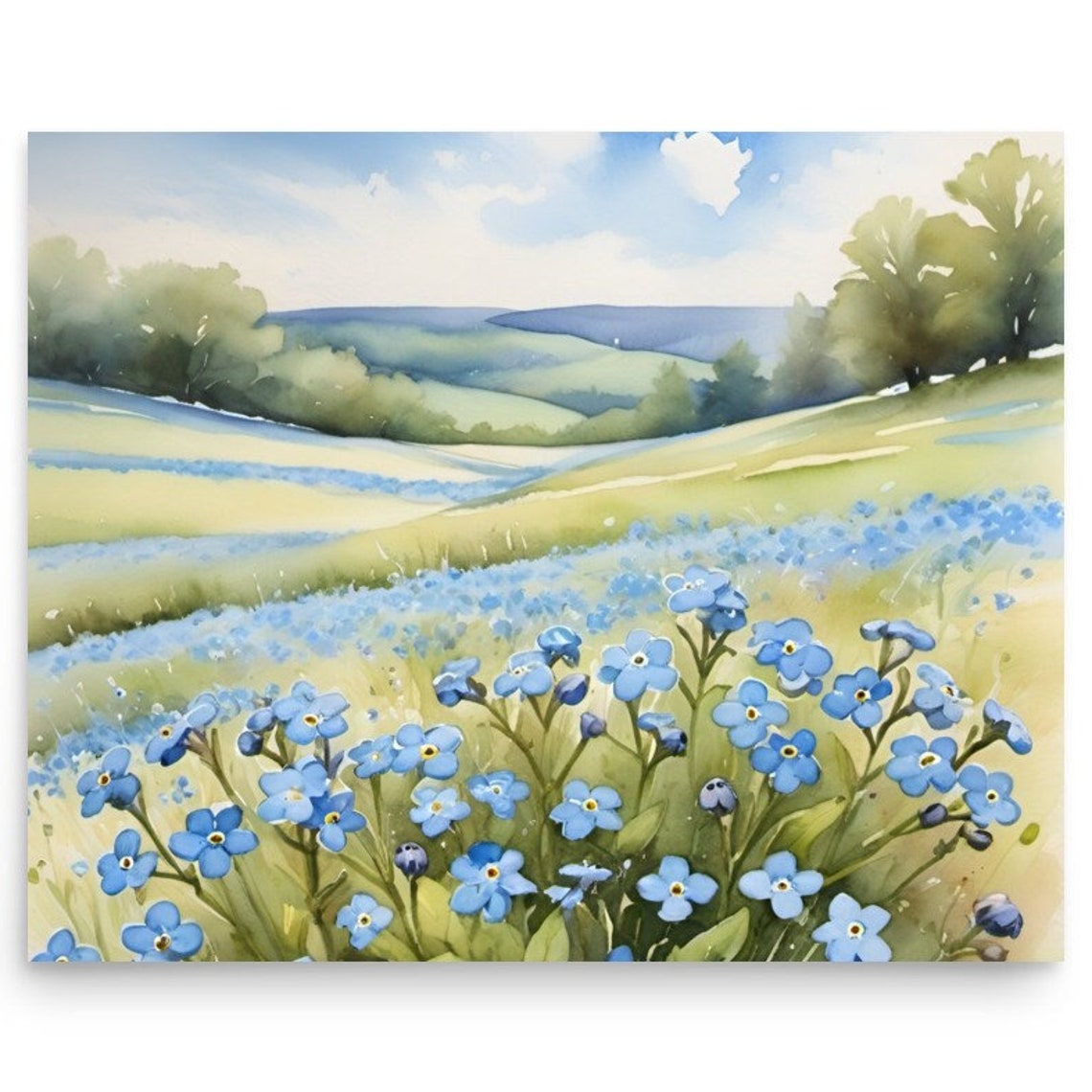 Forget Me Not Valley Of Blue Wildflowers Under Rolling Hills Poster