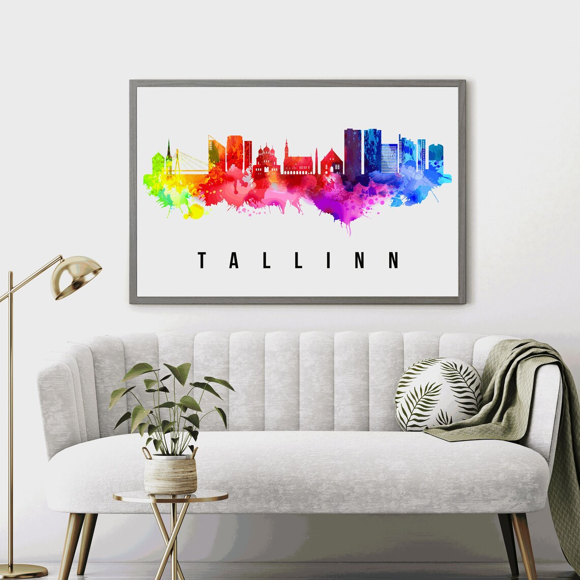 Tallinn Estonia Rainbow Watercolor Old Town Skyline Silhouette Poster - Image 4