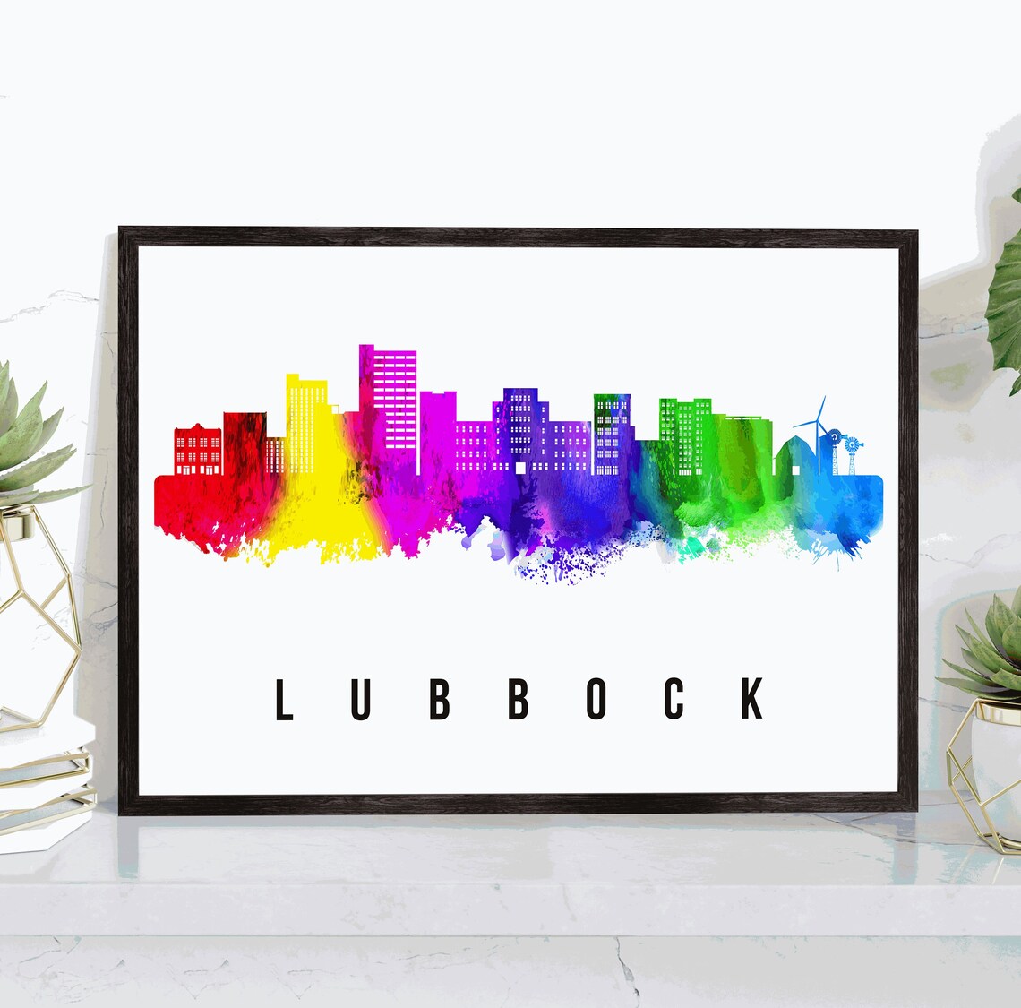 Lubbock Texas Rainbow Watercolor Skyline Silhouette Travel Poster