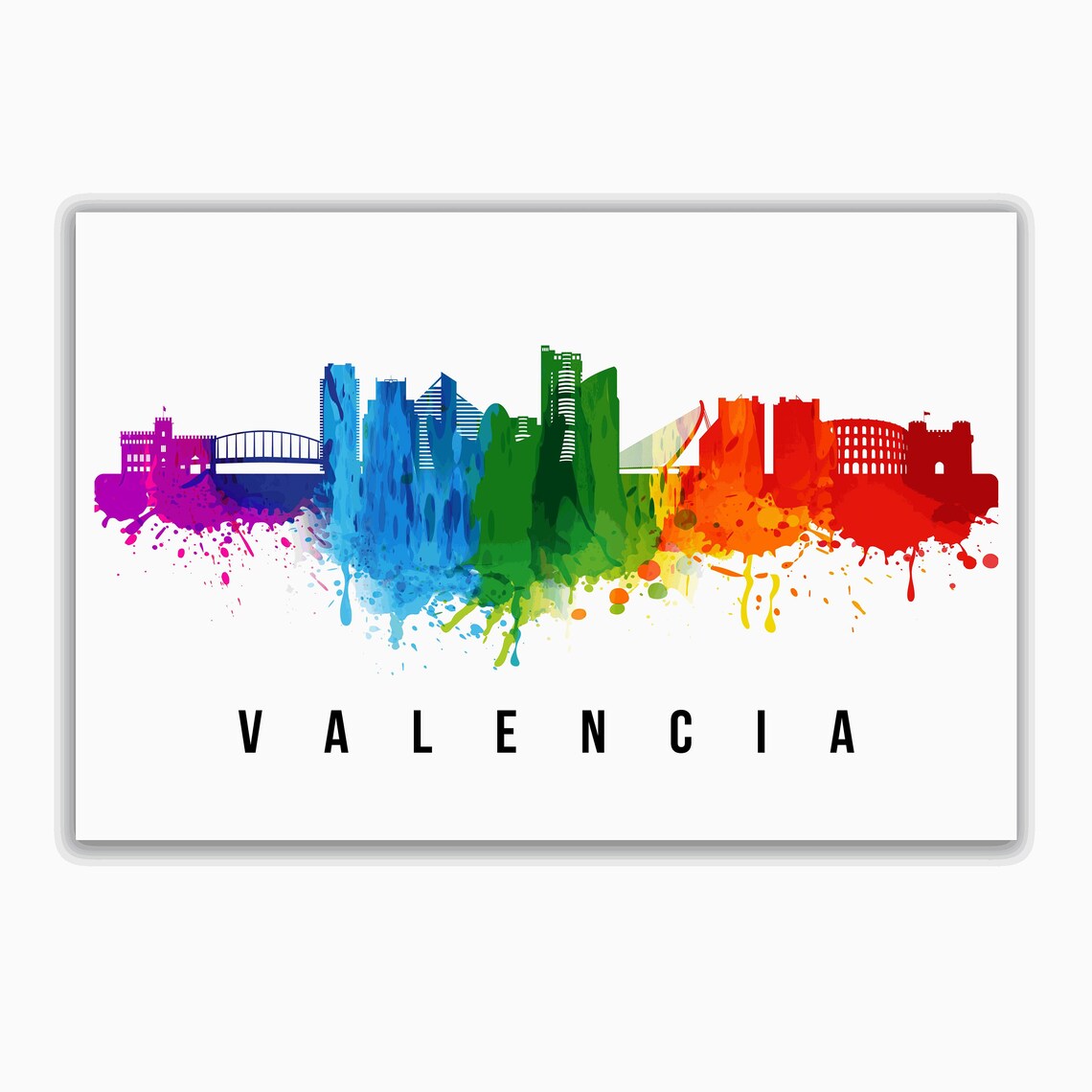 Valencia Spain Rainbow Watercolor Skyline Silhouette Art Poster - Image 2