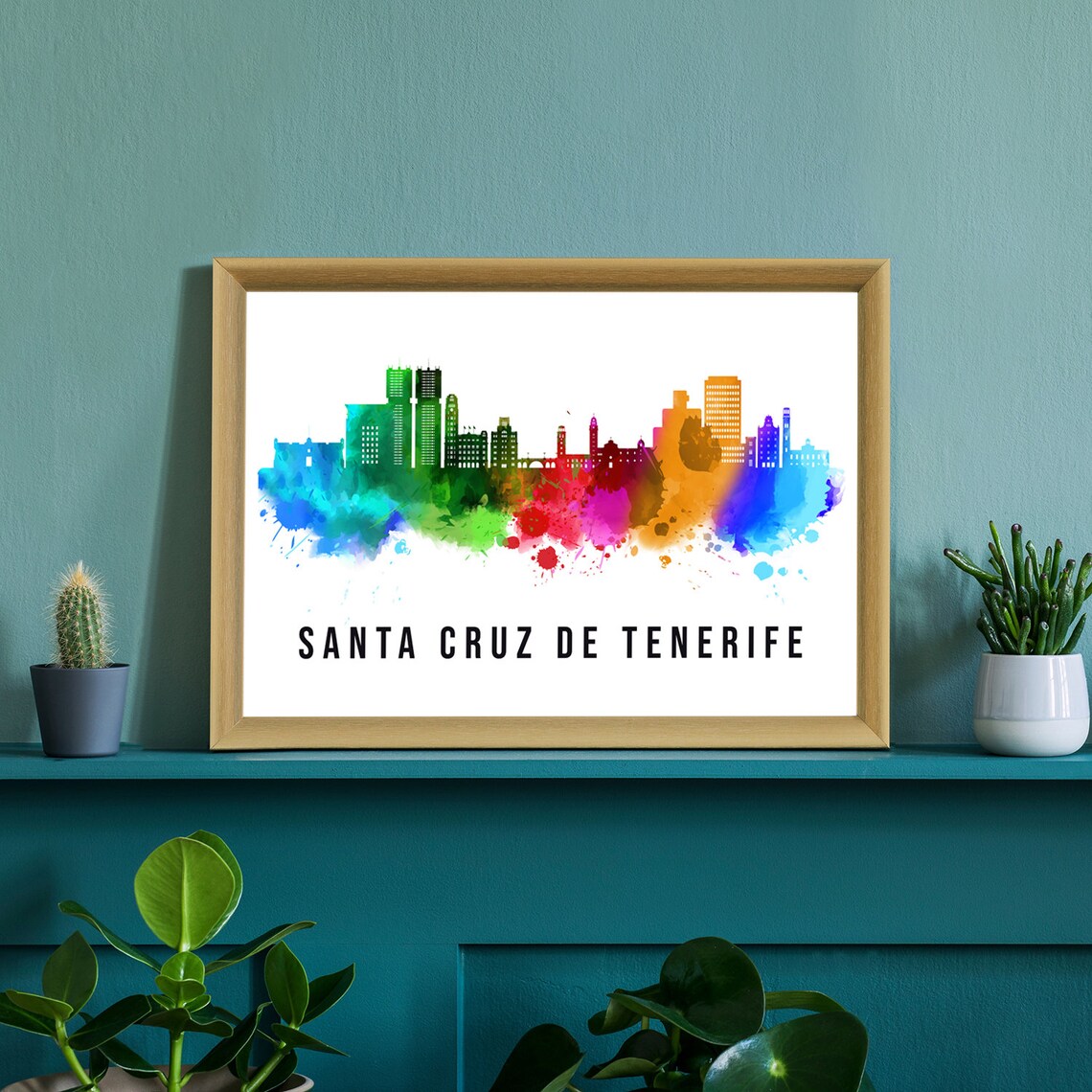 Santa Cruz De Tenerife Spain Rainbow Watercolor Skyline Poster - Image 2
