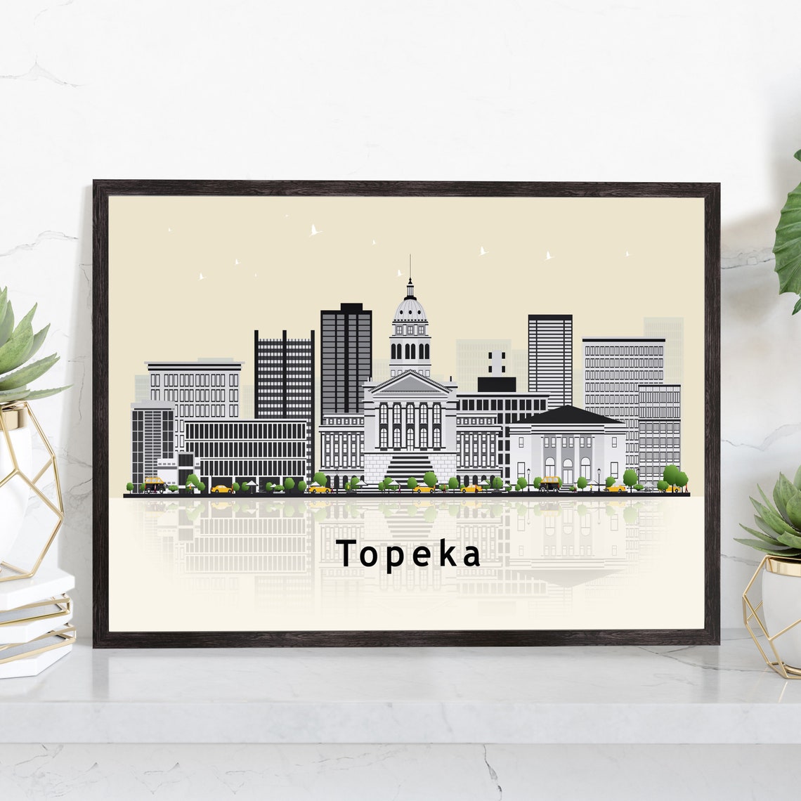 Topeka Kansas Capitol Dome Skyline Illustration With Reflection Poster