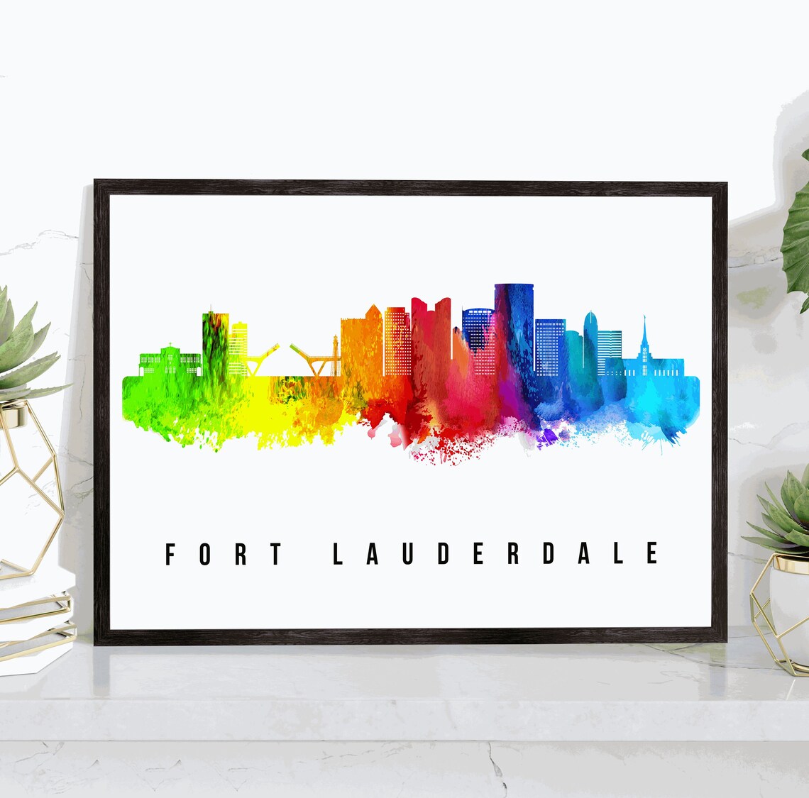 Fort Lauderdale Florida Watercolor Rainbow Skyline Travel Poster Art