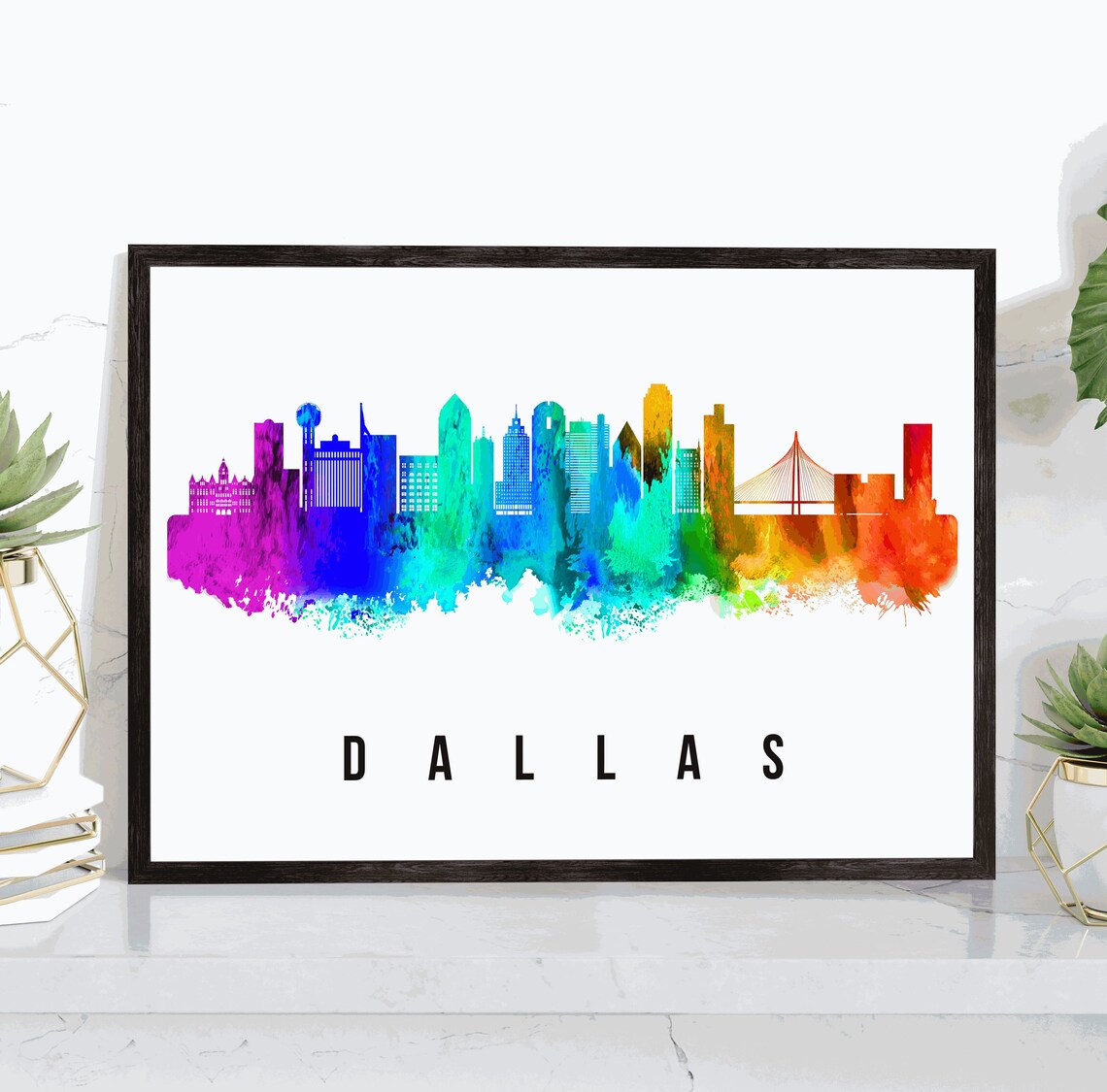 Dallas Texas Rainbow Watercolor Skyline Cityscape Travel Poster