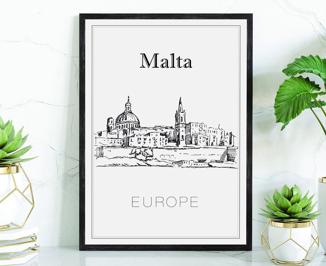 Malta Europe Skyline Grand Dome Spire Old City Sketch Travel Poster