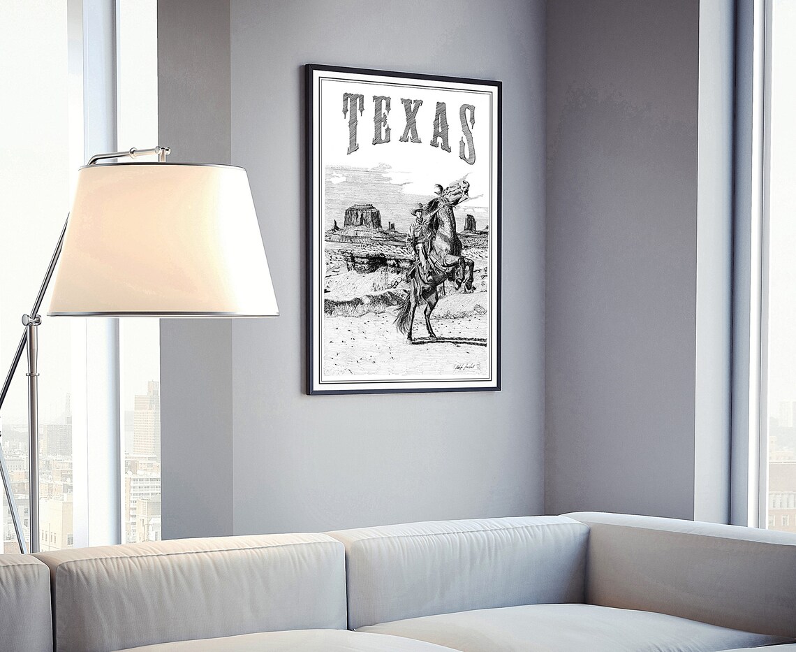 Texas Vintage Cowboy Horseback Desert Engraving Western Art Poster - Image 3