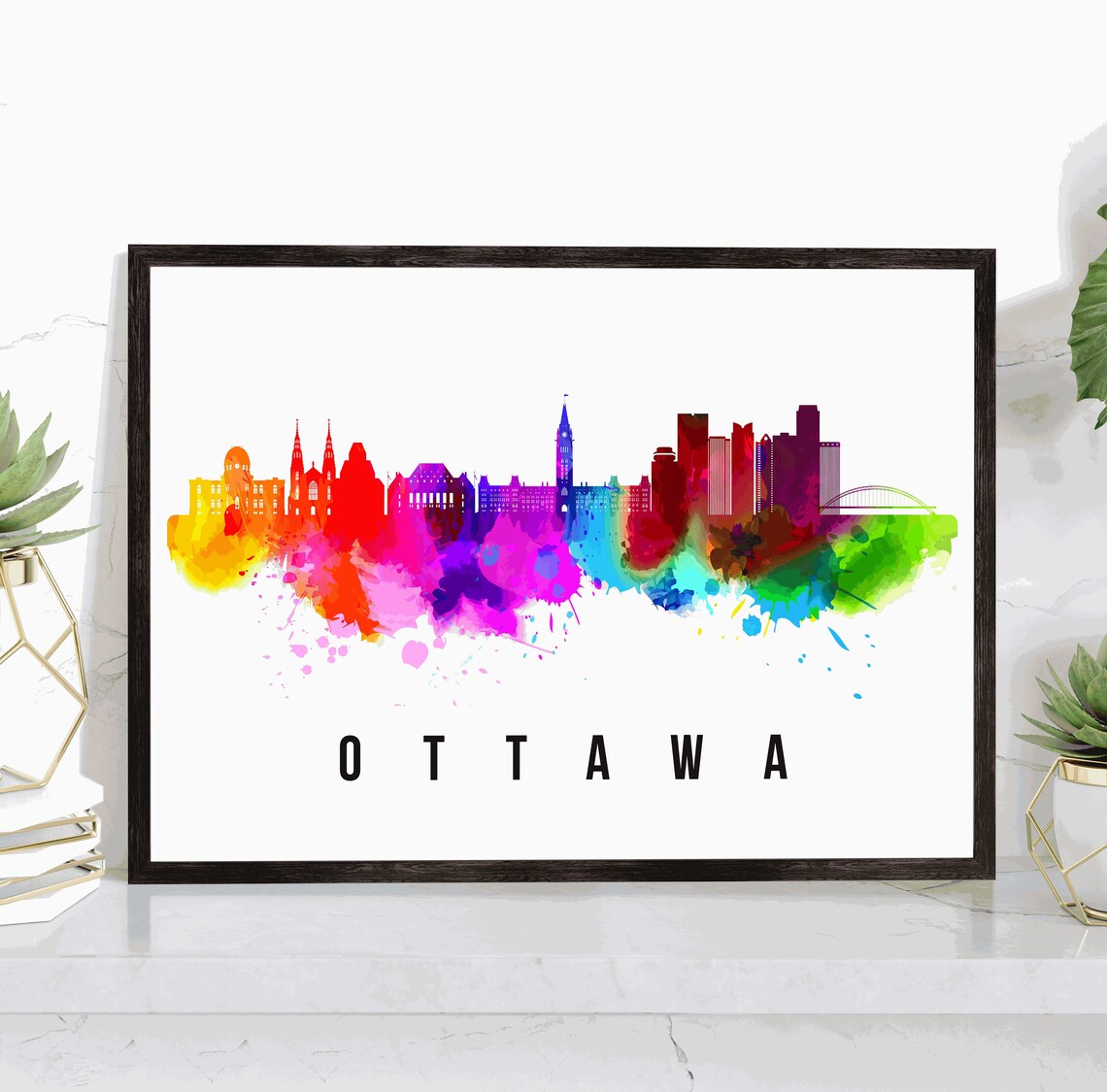 Ottawa Canada Rainbow Watercolor Skyline Parliament Hill Travel Poster