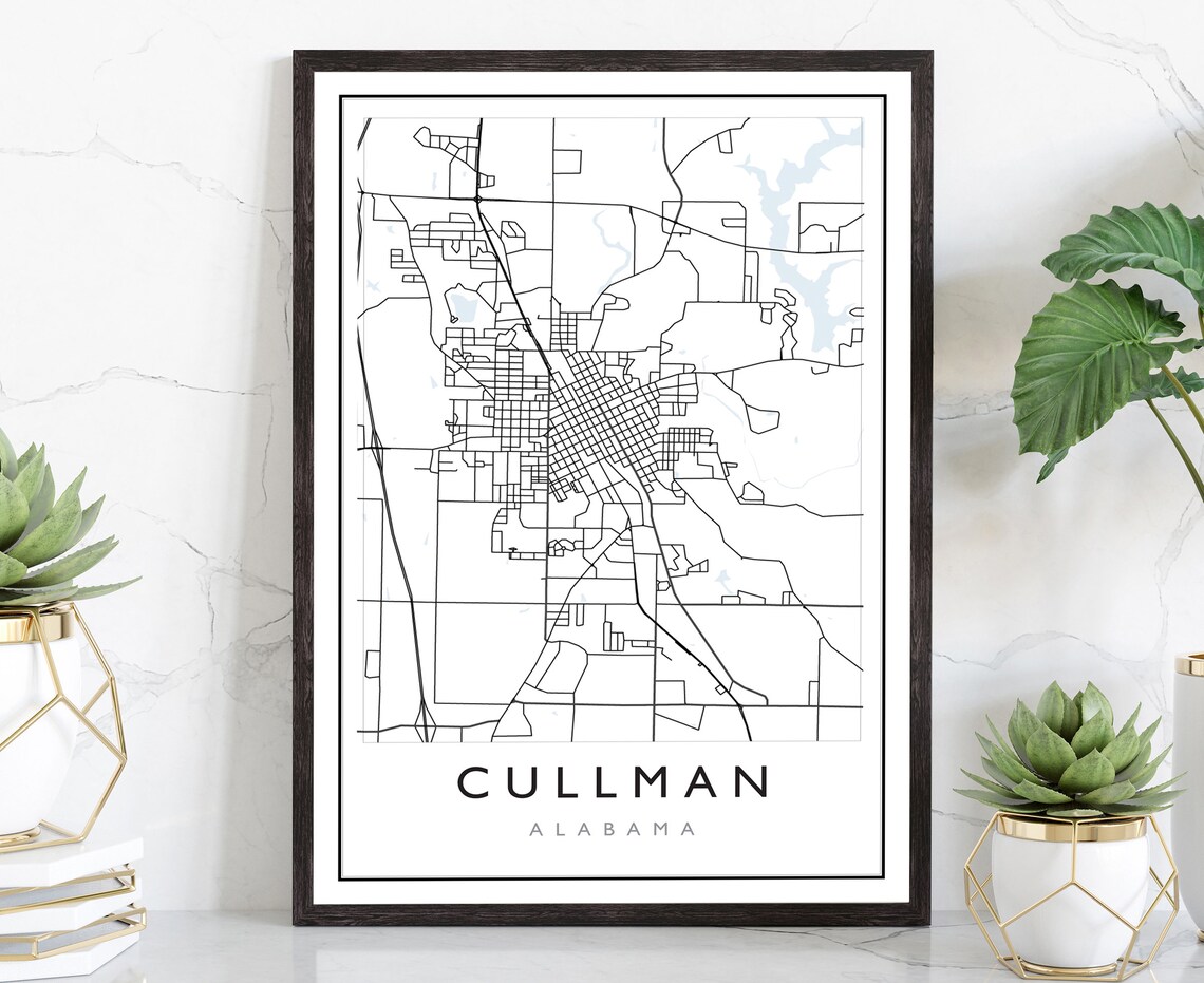 Cullman Alabama Minimalist Black and White City Street Map Wall Art
