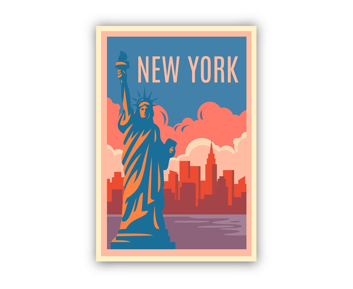 New York Statue of Liberty Retro Sunset Harbor Skyline Travel Poster - Image 2