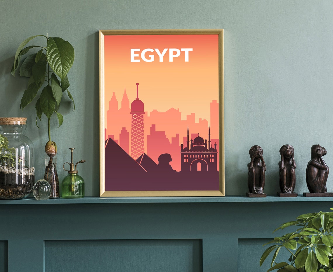 Egypt Pyramids Sphinx Sunset Skyline Minimalist Orange Gradient Poster - Image 3