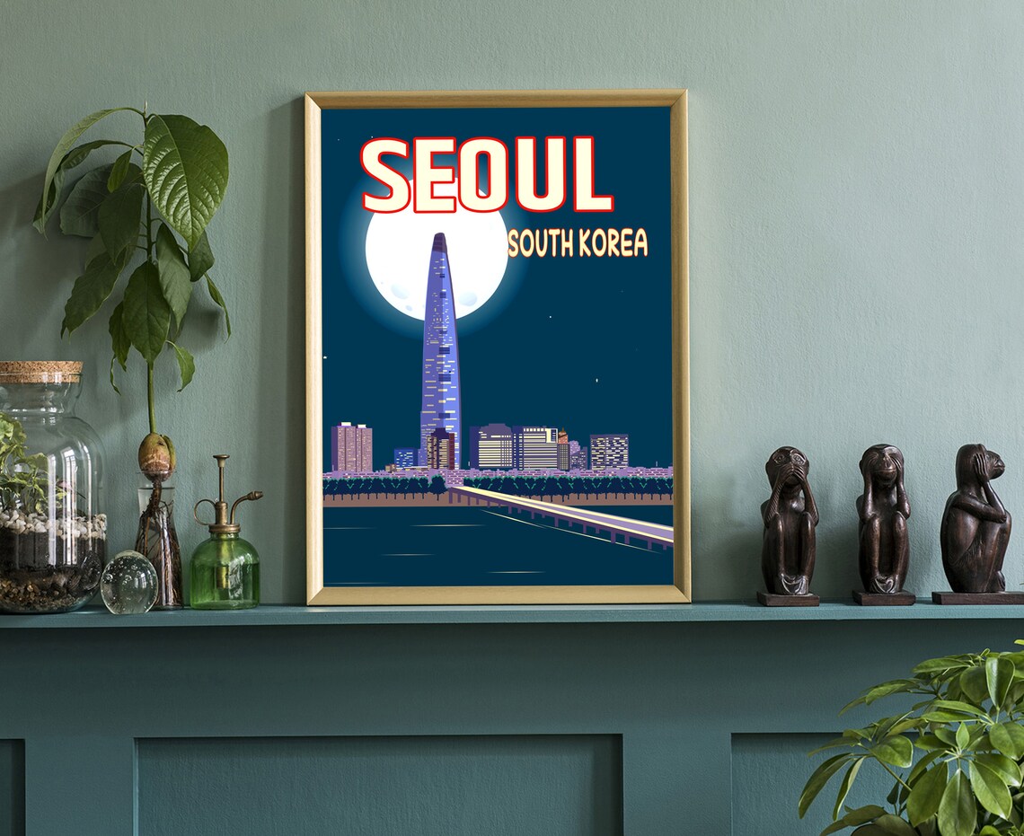 Seoul South Korea Night Skyline Full Moon Cityscape Travel Poster - Image 3