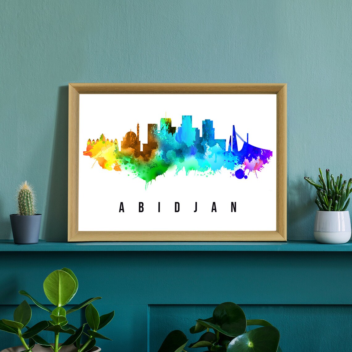 Abidjan Ivory Coast Rainbow Watercolor Splash Skyline Cityscape Poster - Image 2