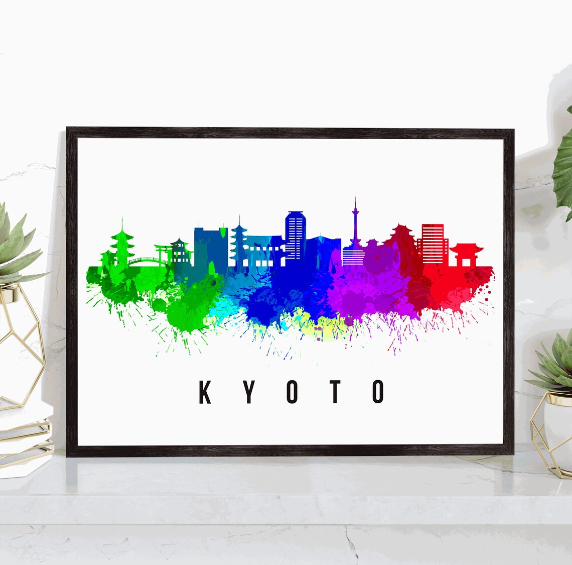 Kyoto Japan Temples Pagoda Rainbow Watercolor Skyline Travel Poster
