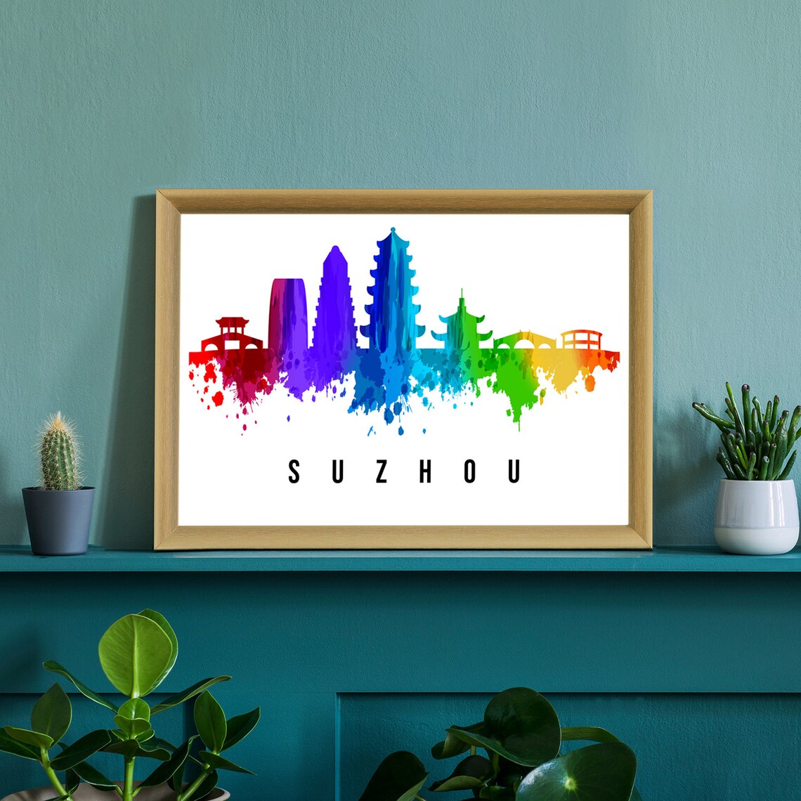 Suzhou China Pagoda Bridge Rainbow Watercolor Skyline Travel Poster - Image 2