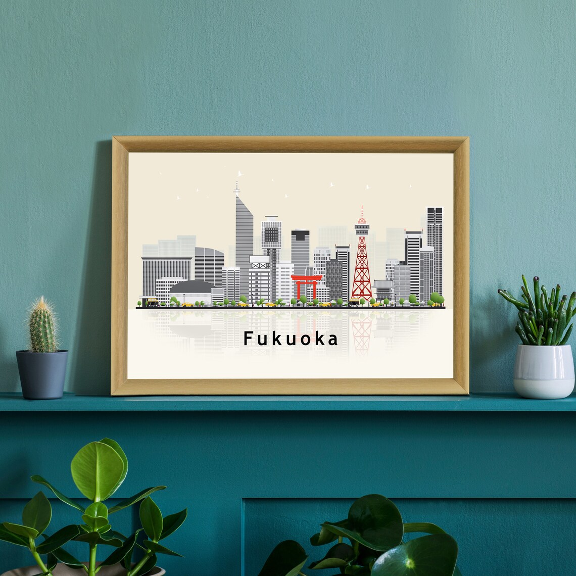 Fukuoka Japan Minimalist Flat Vector Skyline City Illustration Poster - Image 3