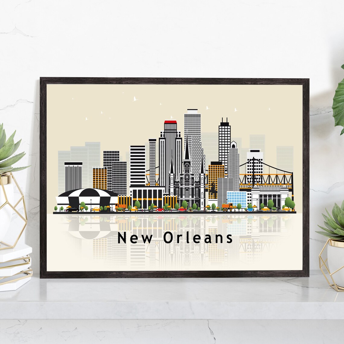 New Orleans Louisiana Skyline Illustration Superdome Cathedral Poster