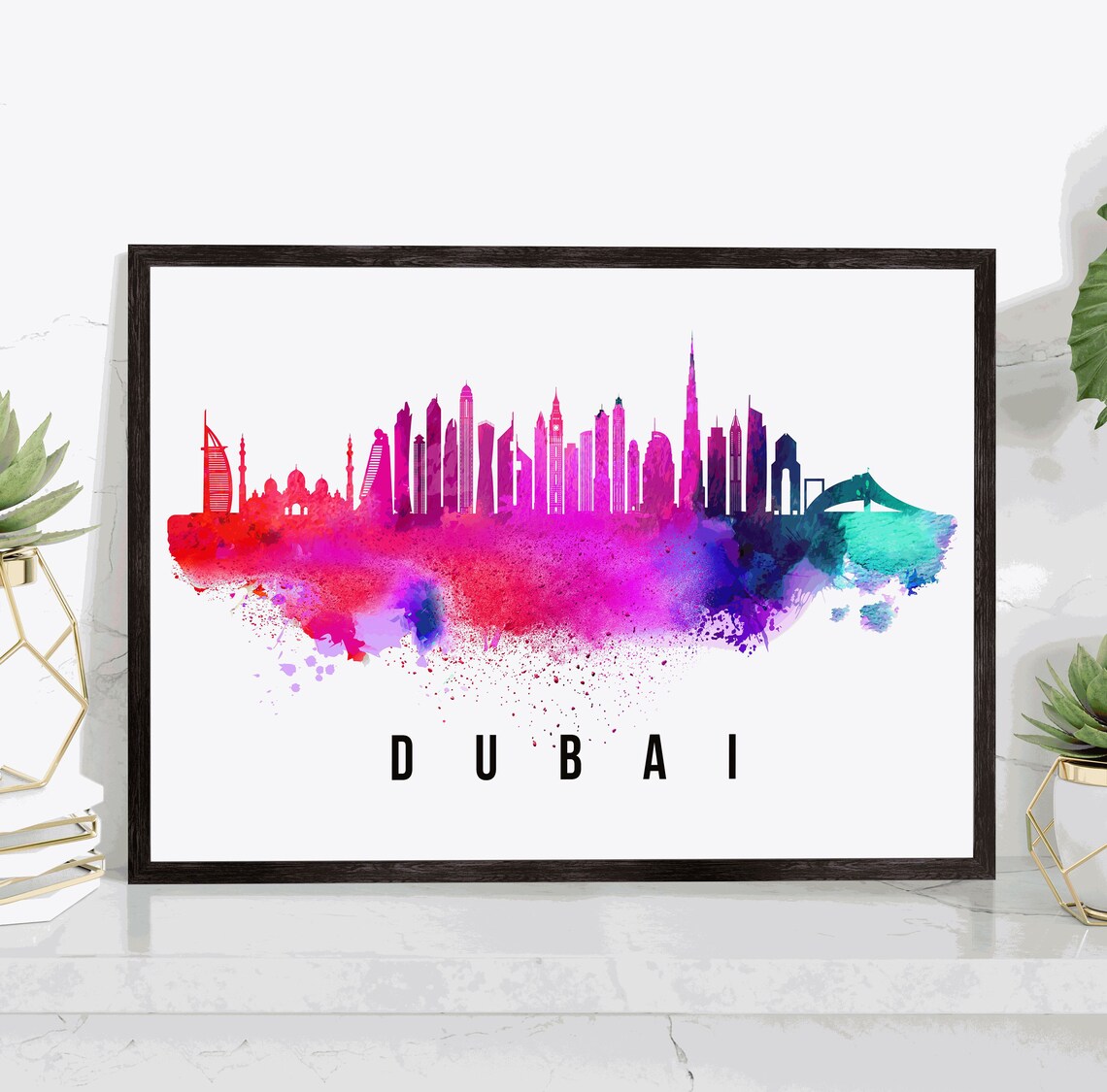 Dubai UAE Burj Khalifa Watercolor Splash Skyline Travel Poster