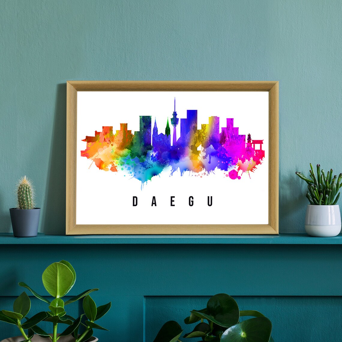 Daegu South Korea Watercolor Rainbow Skyline TV Tower Cityscape Poster - Image 2
