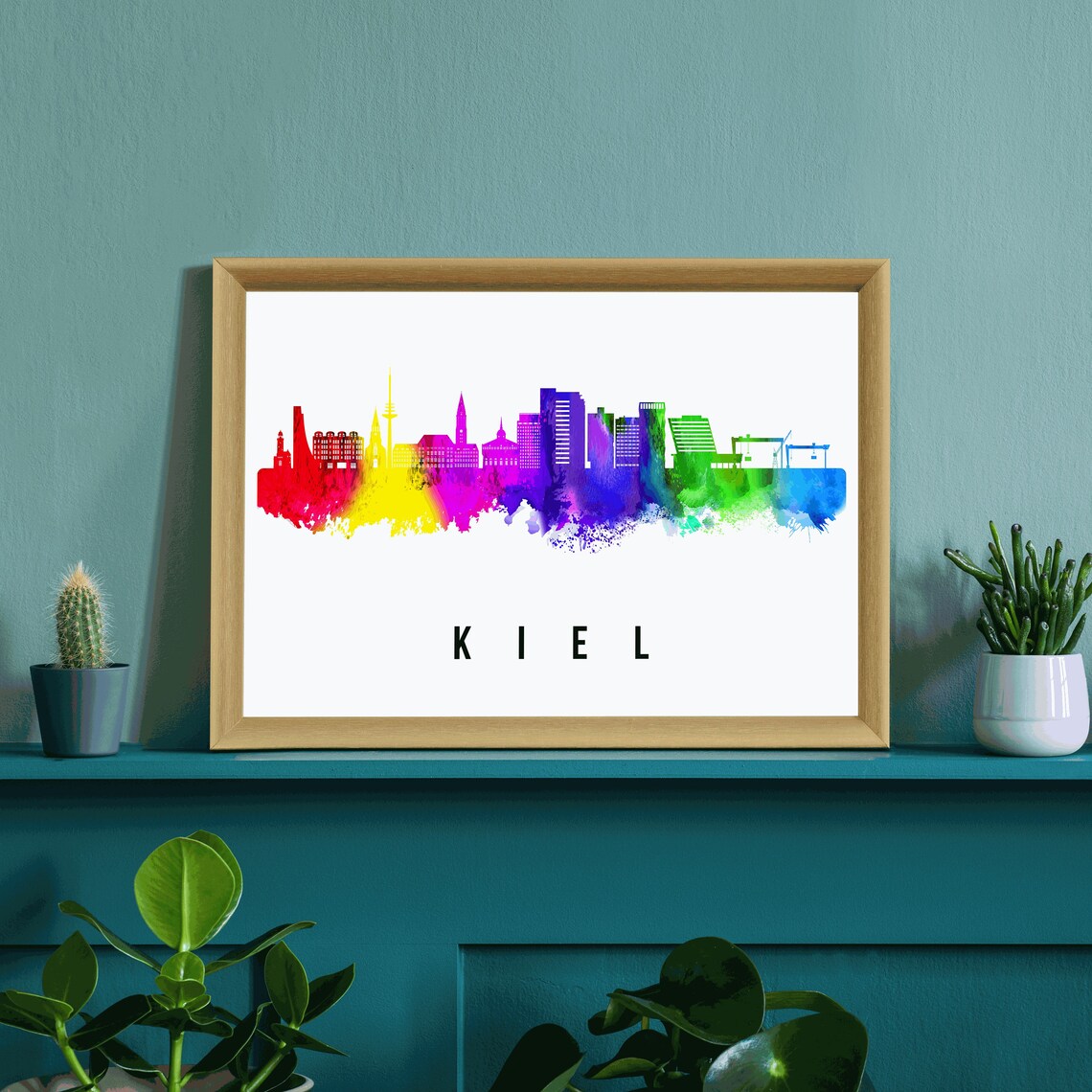 Kiel Germany Rainbow Watercolor City Skyline Silhouette Art Poster - Image 3