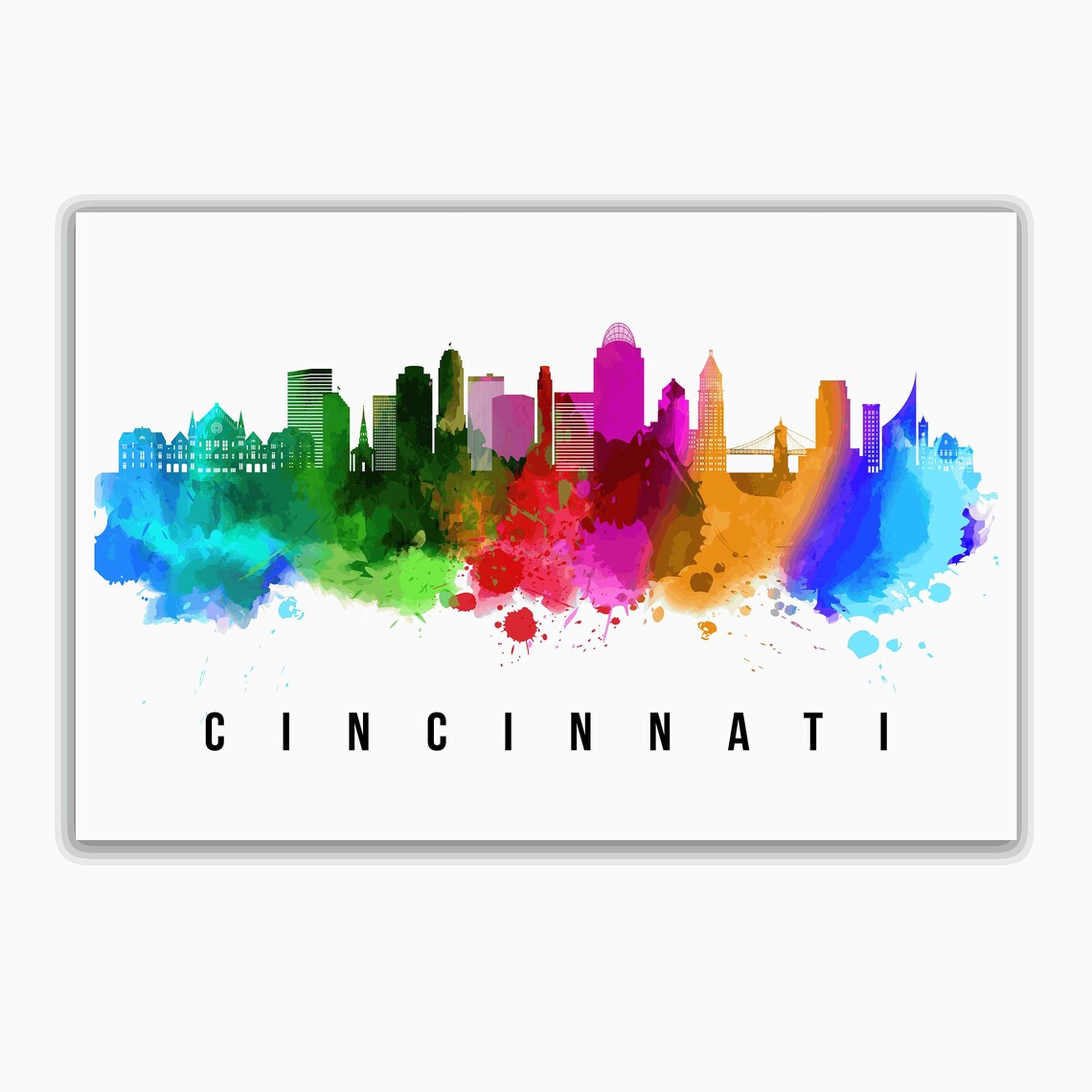Cincinnati Ohio Watercolor Rainbow Skyline Cityscape Art Poster - Image 2