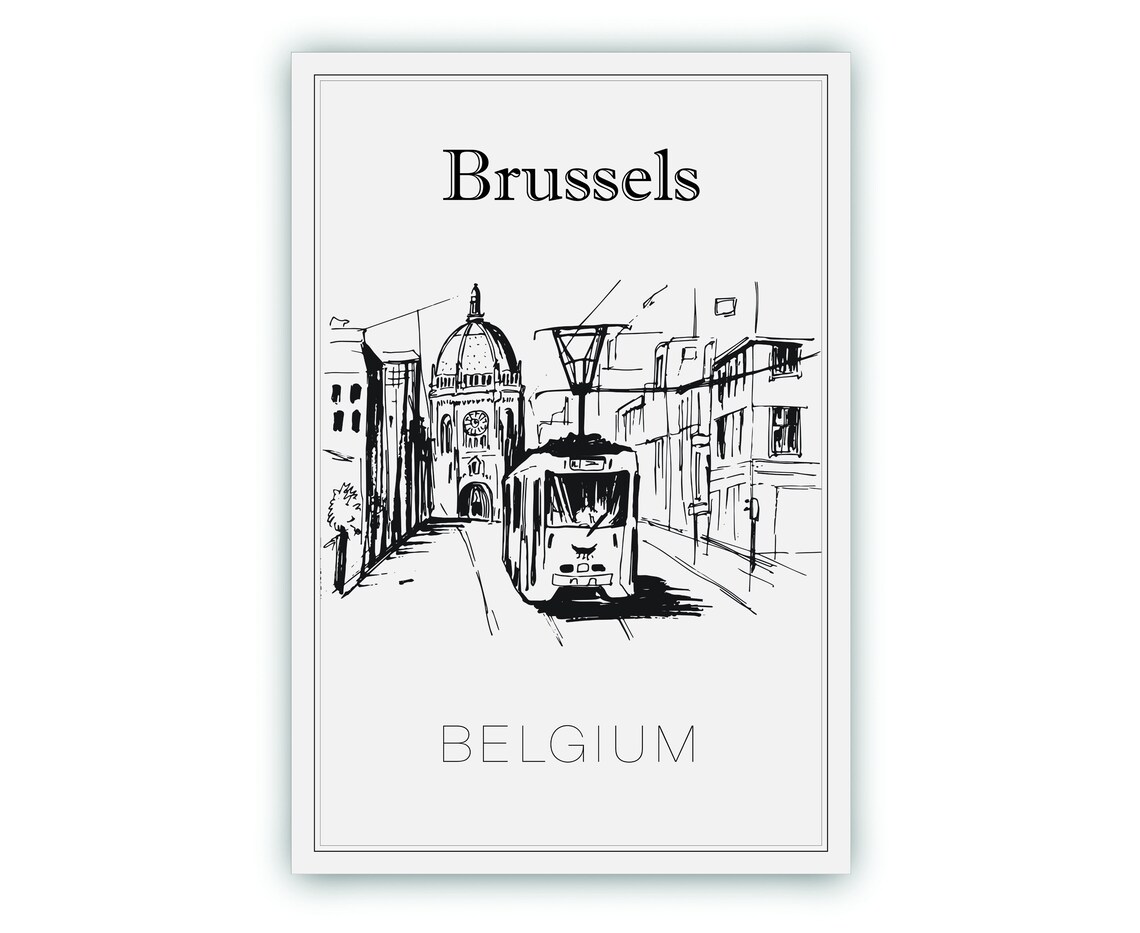 Brussels Belgium Hand Drawn Tram Sketch Black White City Travel Poster - Image 2