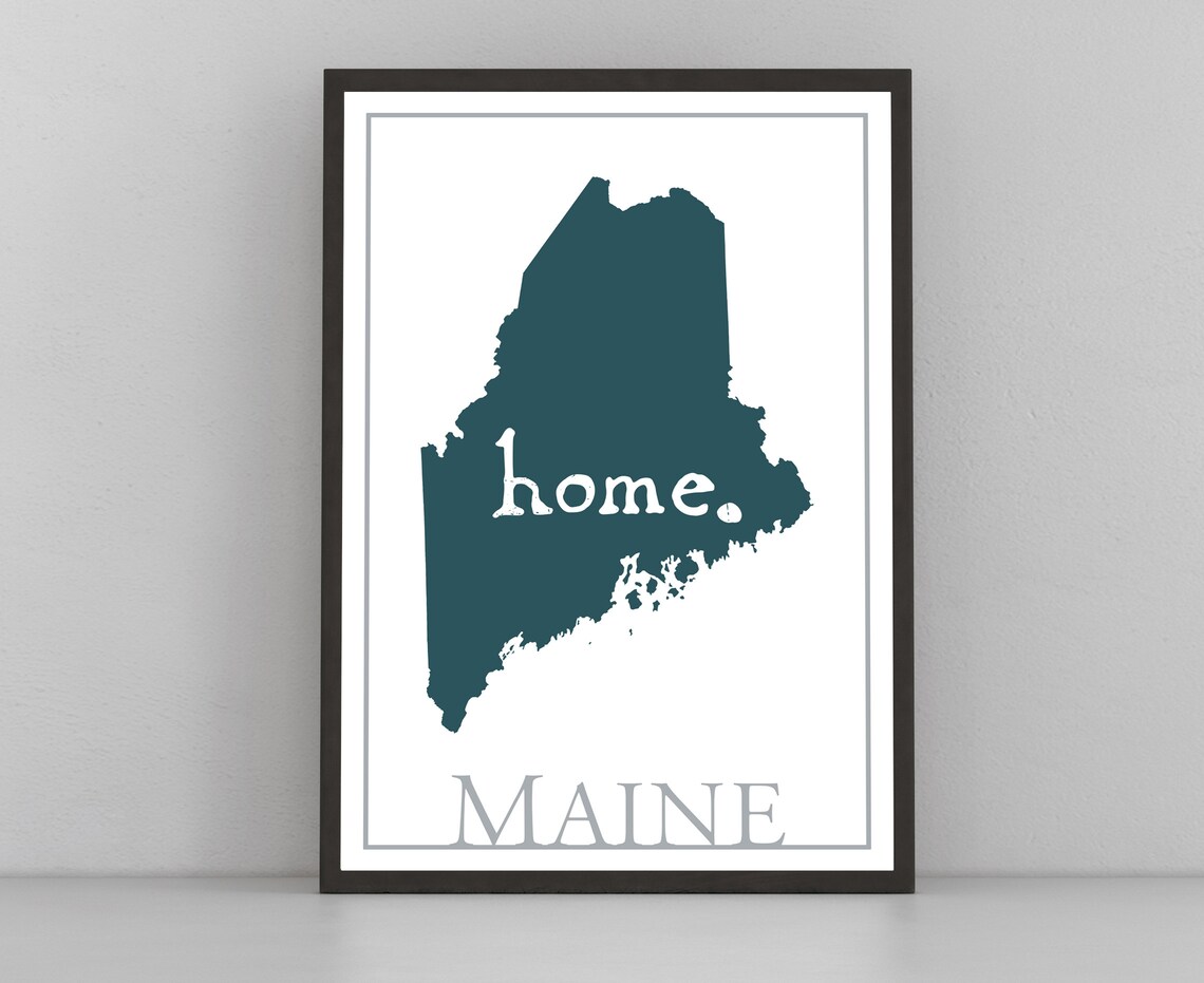 Maine Home Teal State Silhouette Minimalist Map Print Wall Art