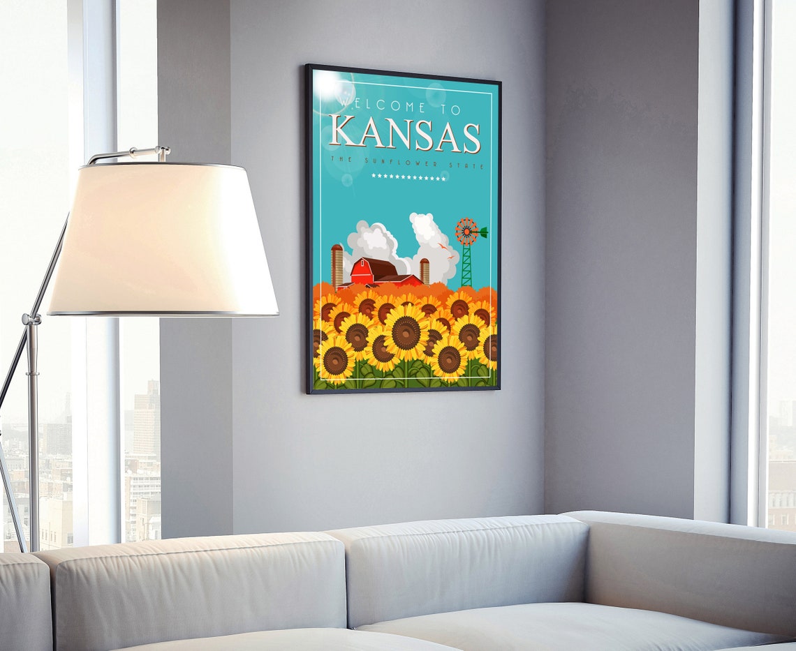 Kansas Sunflower State Retro Barn Windmill Welcome Travel Poster - Image 4