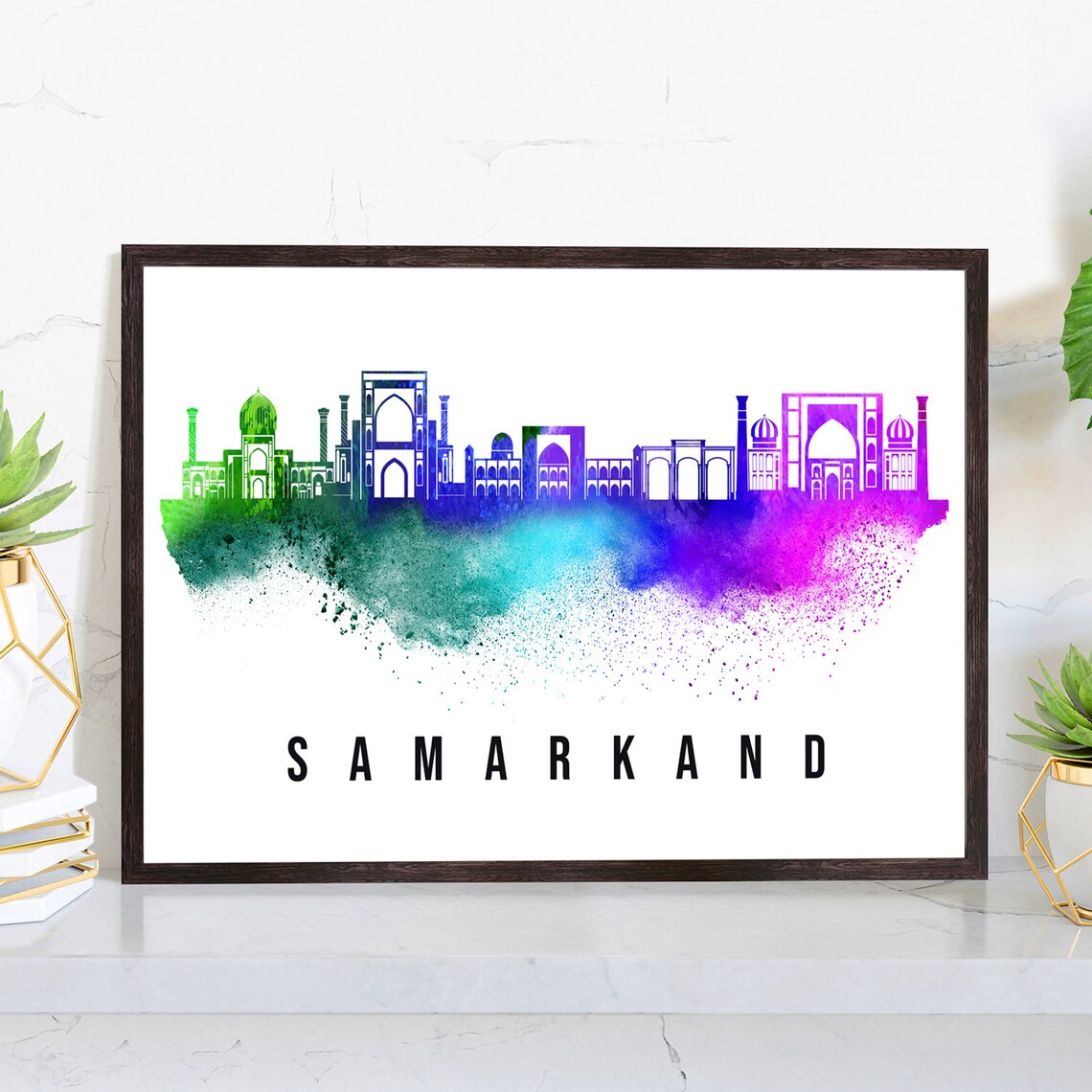 Samarkand Uzbekistan Skyline Watercolor Poster with Turquoise Domes