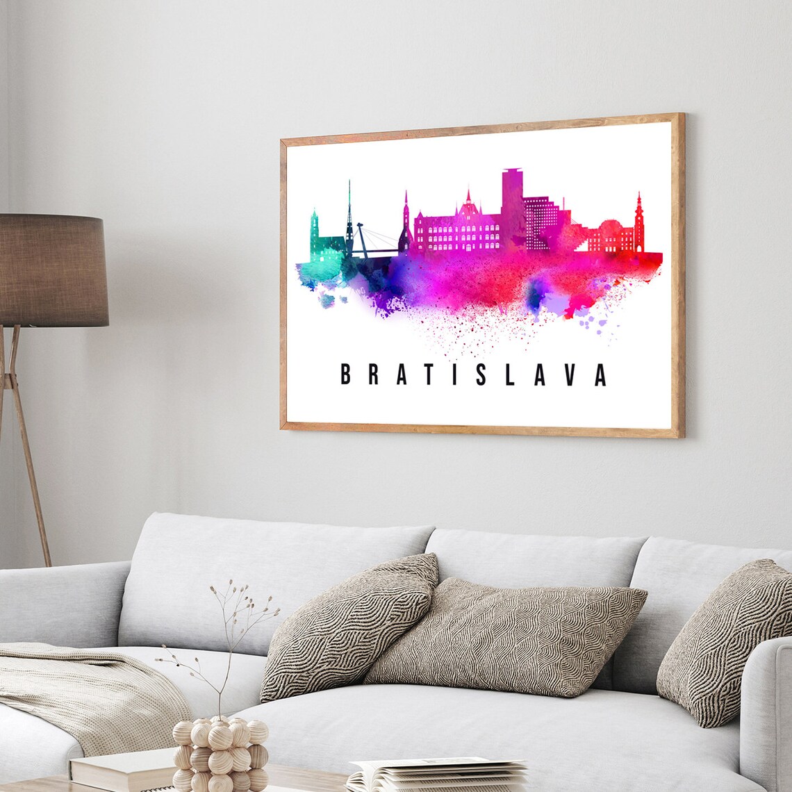 Bratislava Slovakia Watercolor Magenta Skyline Apollo Bridge Poster - Image 3